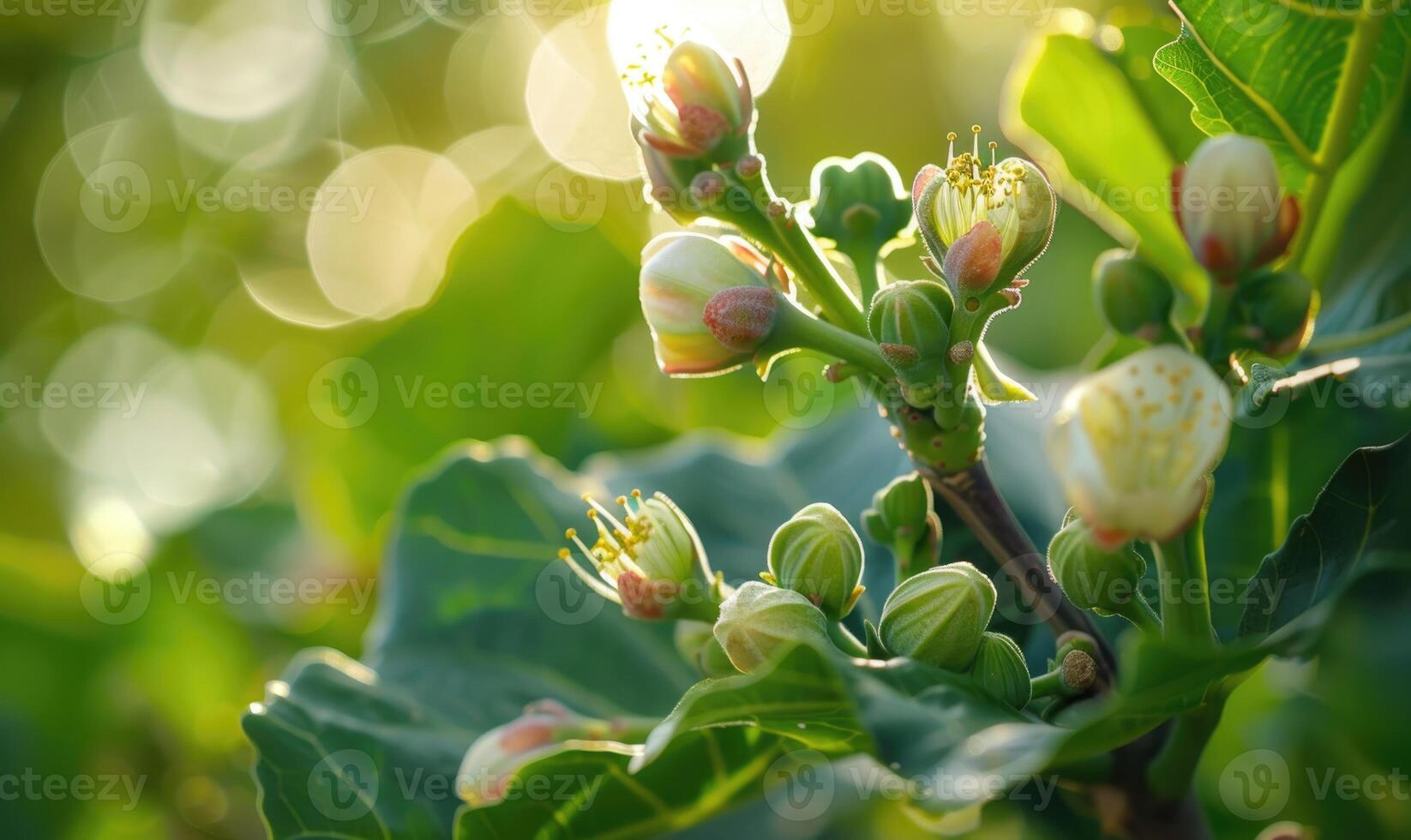 Fig tree blossoms and young figs, close-up photo