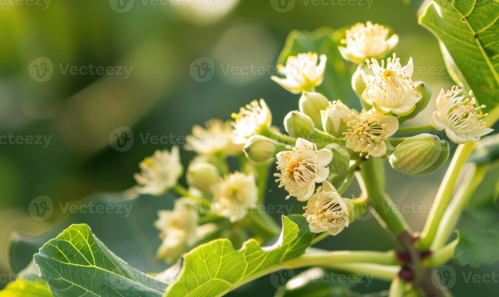Fig tree blossoms and young figs, close-up photo