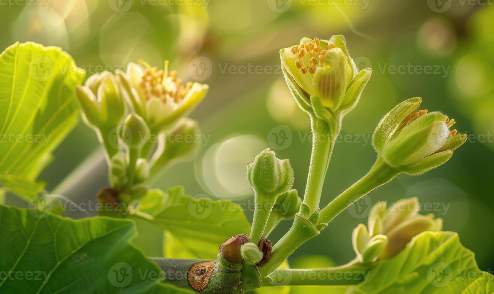 Fig tree blossoms and young figs, close-up photo