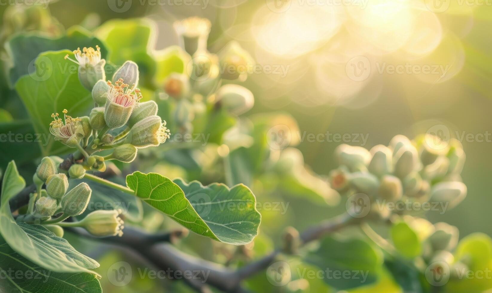 Fig tree blossoms and young figs, close-up photo