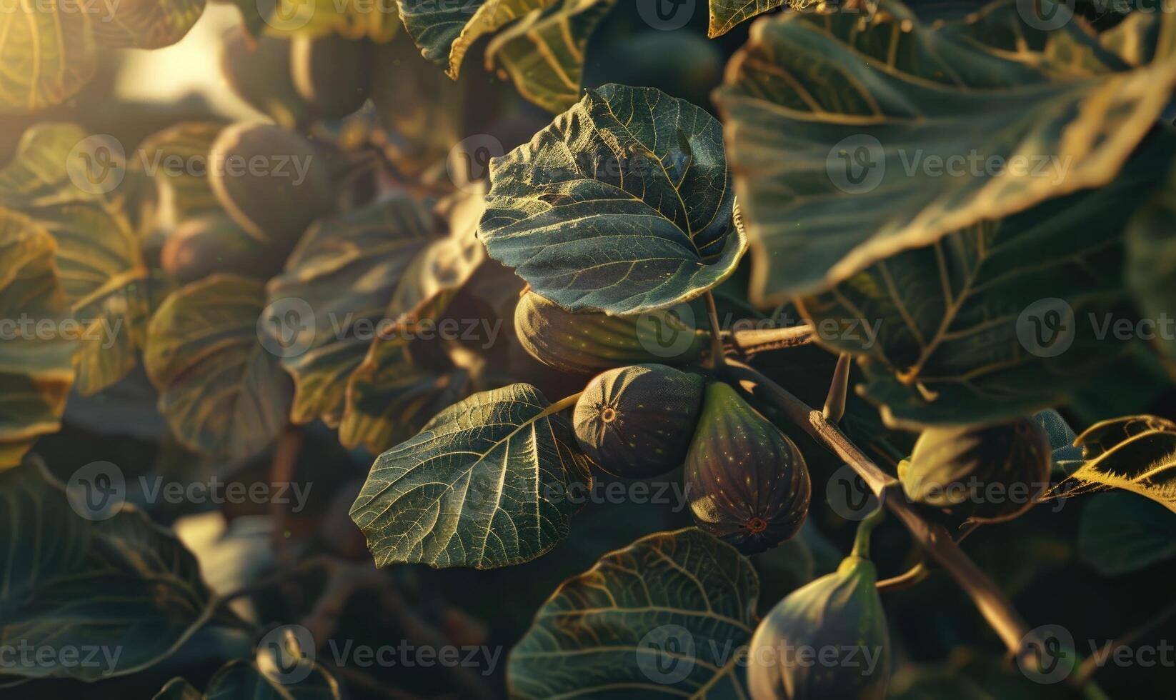 Figs and fig leaves, close-up, with a soft and warm sunlight photo