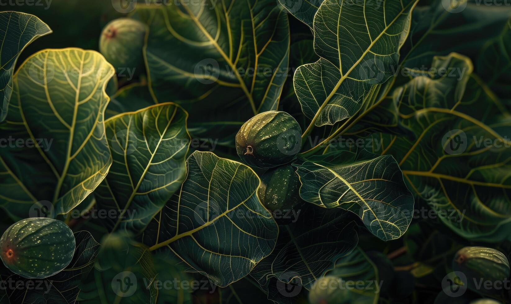 Figs and fig leaves, close-up, with a soft and warm sunlight photo