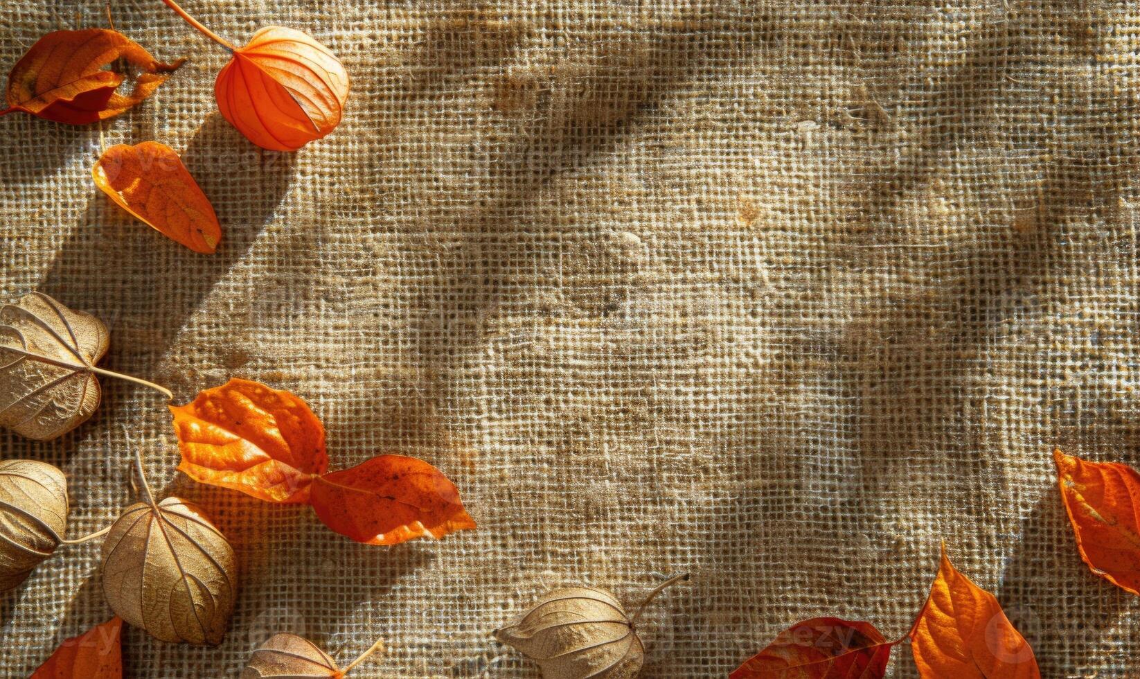 Physalis arranged with autumn leaves and acorns photo