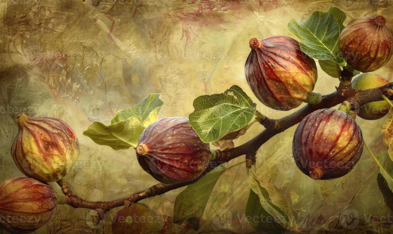 Figs on a branch, close-up view, with dewdrops on the figs photo