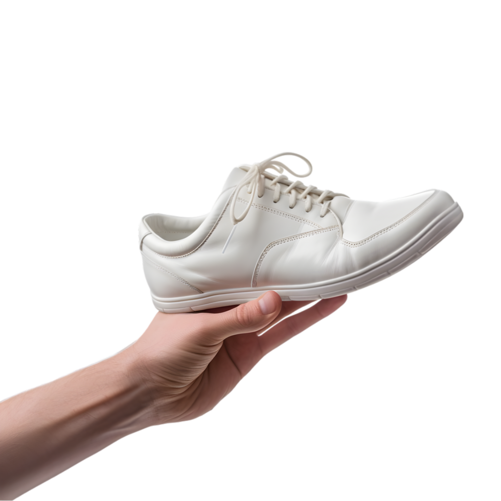 White sneakers in man's hand on transparent background png