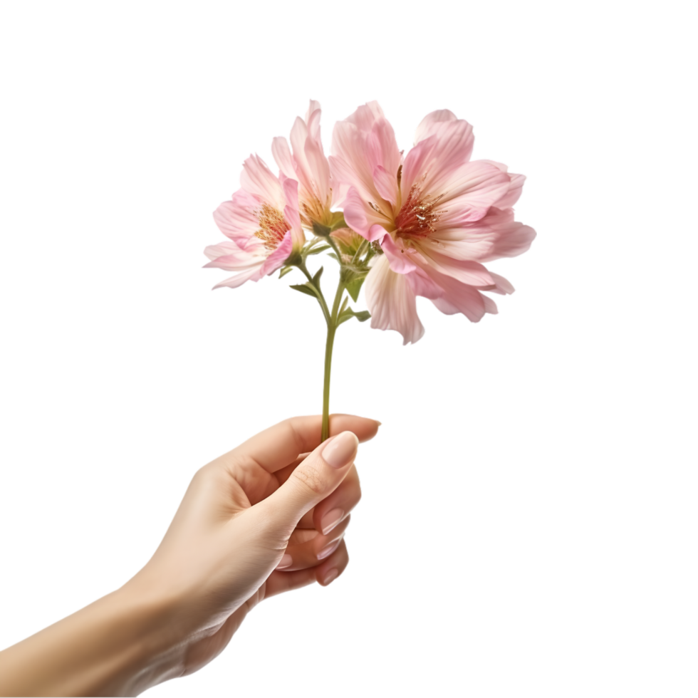 Female hand holding a pink mallow flower, on transparent background png