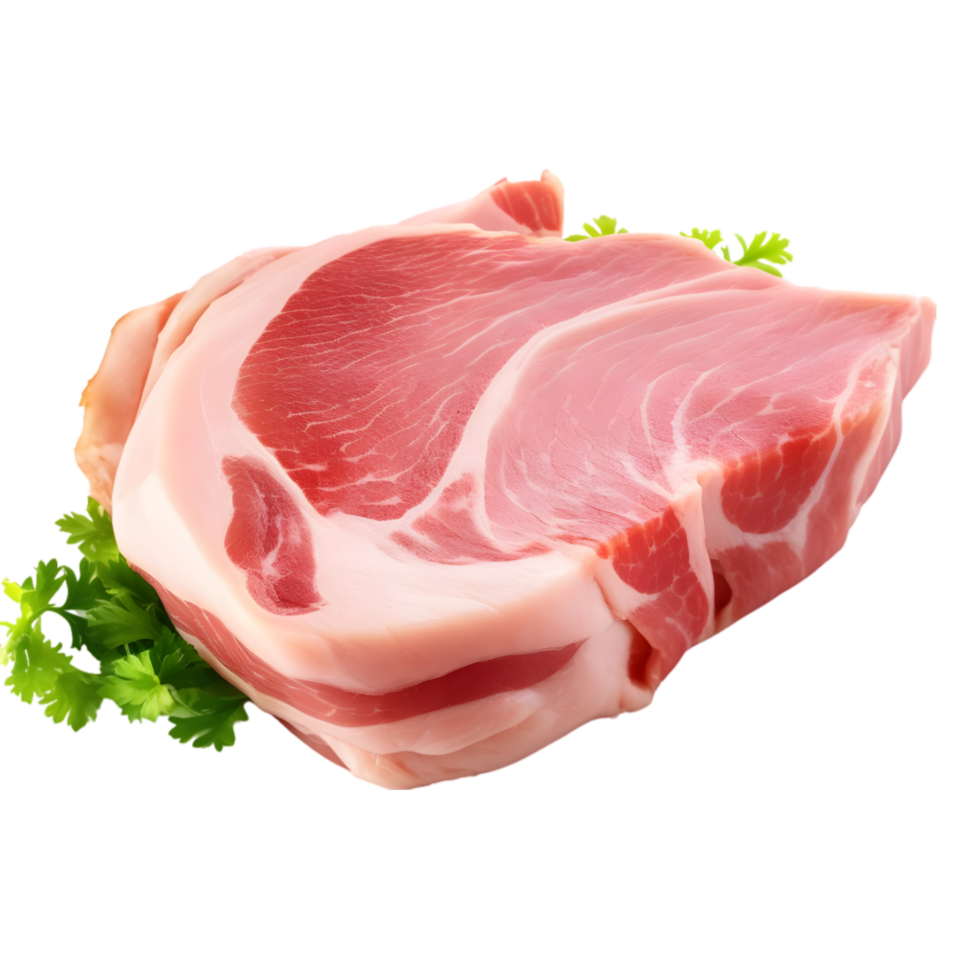 Sliced raw pork meat with parsley on transparent background png