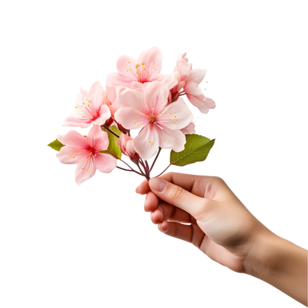 Female hand holding a pink mallow flower, on transparent background png