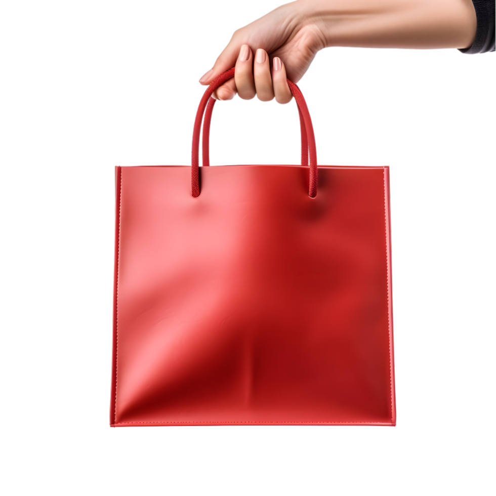 Woman hand holding red shopping bag on transparent background png