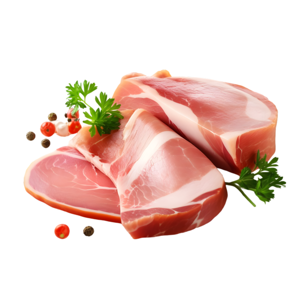 Sliced raw pork meat with parsley on transparent background png