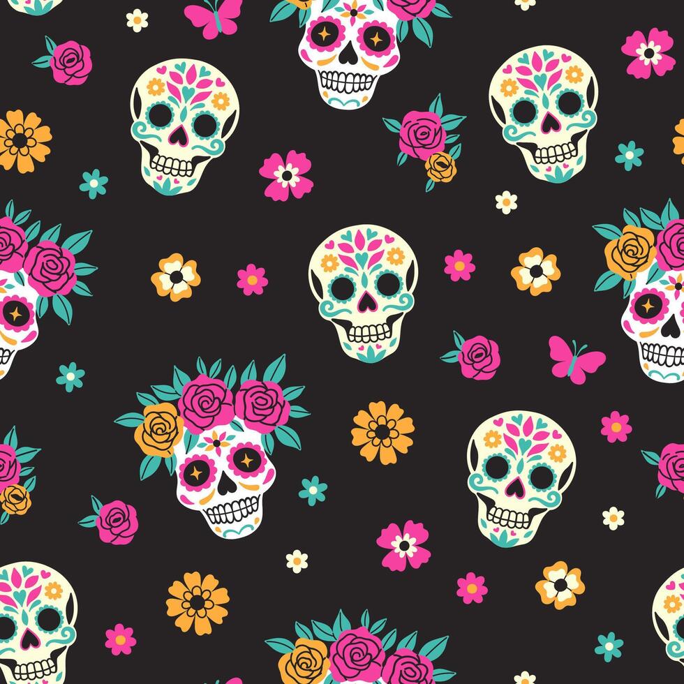 Seamless pattern with sugar skulls in flower wreaths. graphics vector