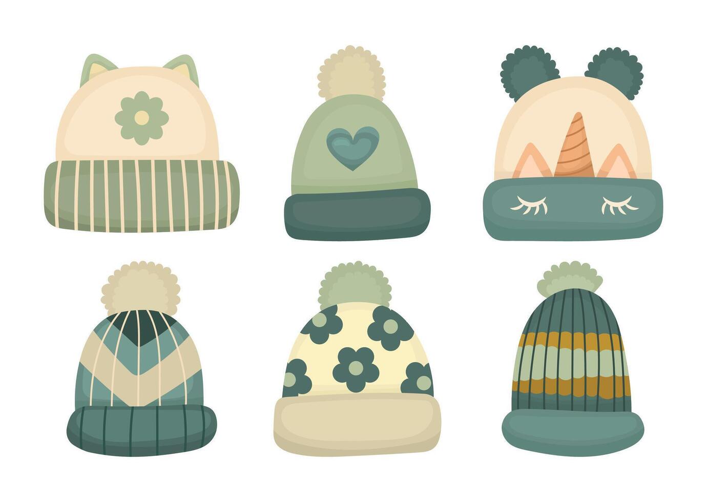 Cute collection of different hats for fall and winter, warm hats with pompoms for kids or adults, illustration vector