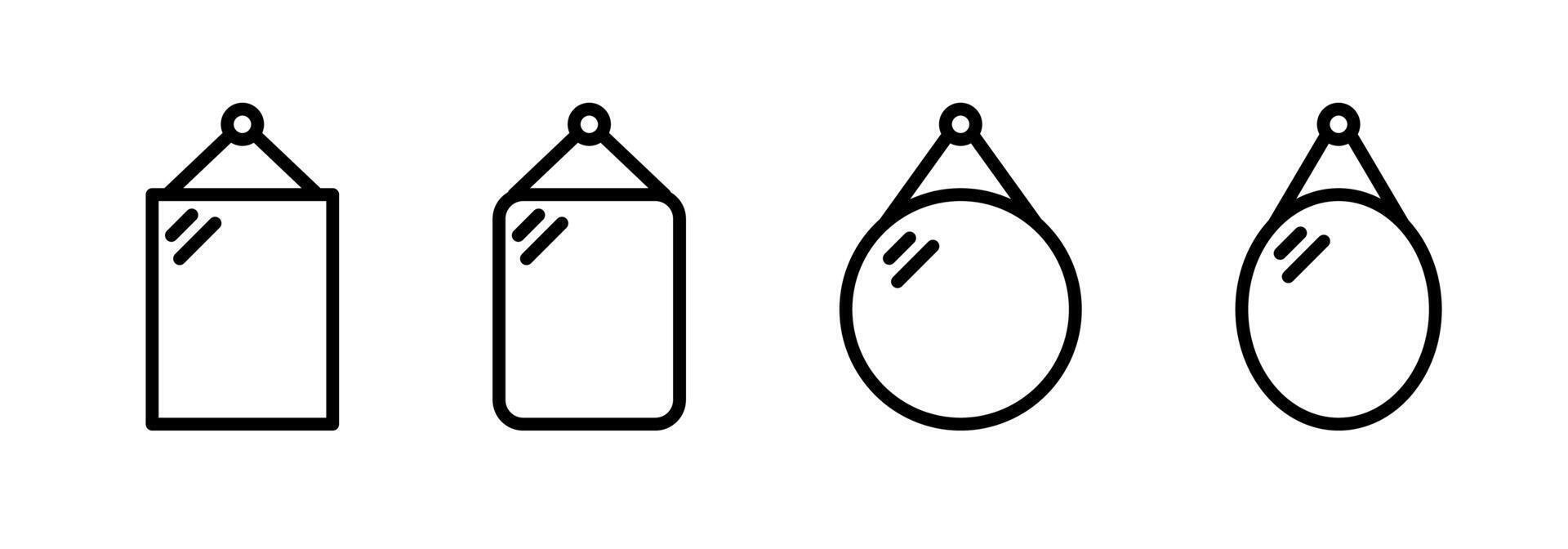 Hanging mirror icon set. Wall mounted mirror frame illustration. Suspended portrait orientation glass symbol. Simple pendant square and rounded furniture sign. vector