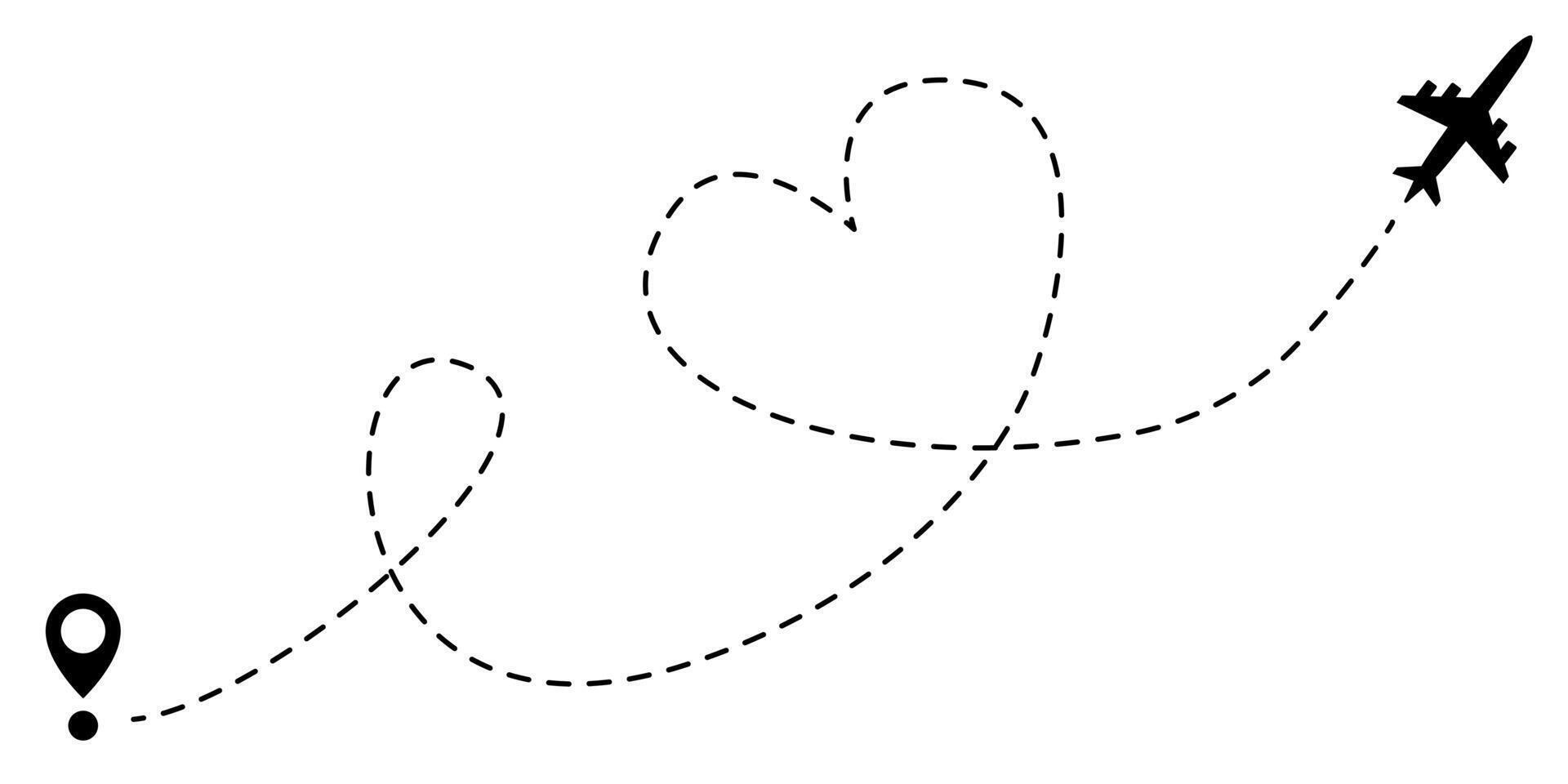 Plane route with heart illustration. Love trip icon. Romantic travel symbol. Honeymoon journey sign. Airplane with dashed or dotted route trace. Flight track heart shaped. vector