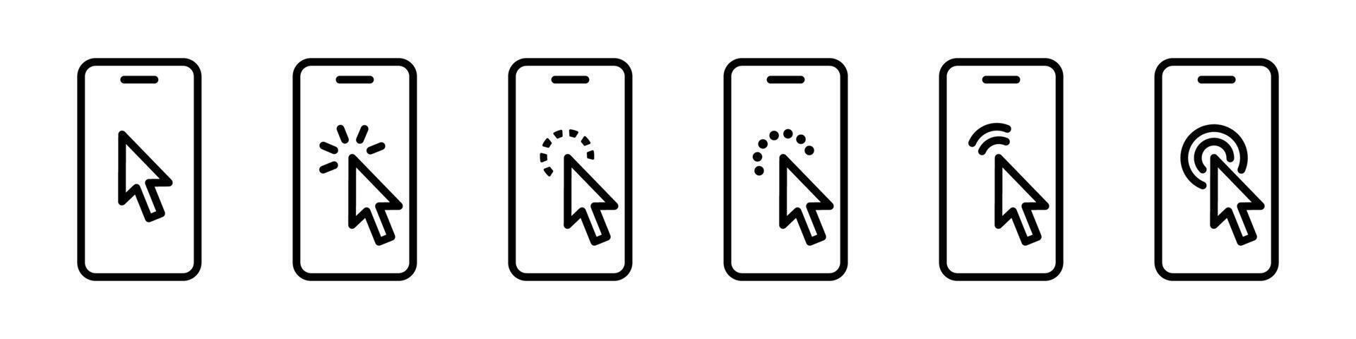 Cursor click screen smartphone icon set. Pointer with phone touch screen illustration. Cursor pressing the display device collection. Smartphone click symbol. vector