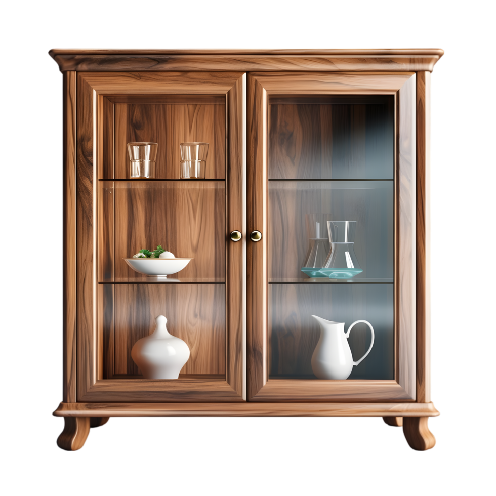 Wooden cupboard with dishes and vases. on transparent background png