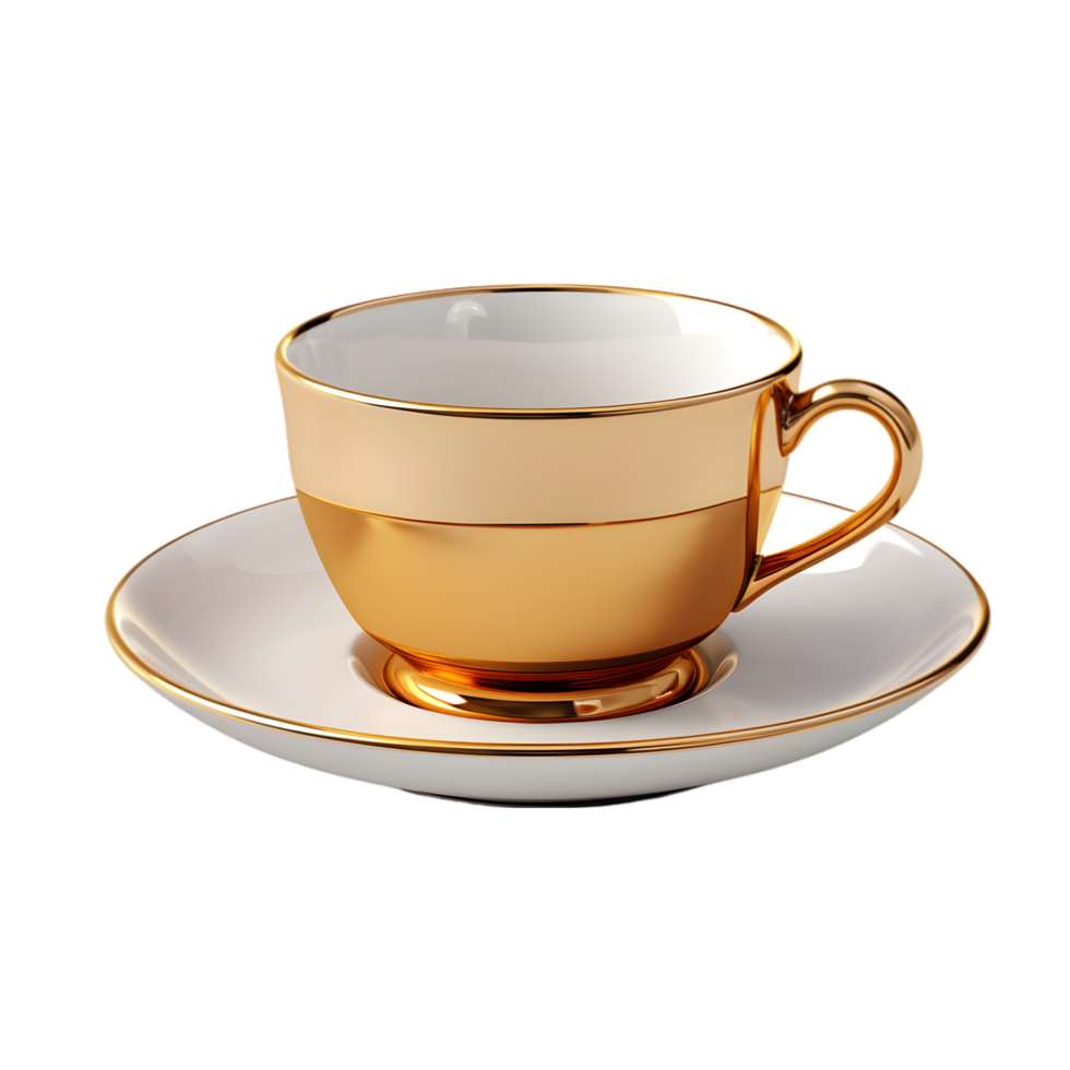 Golden cup and saucer on transparent background png