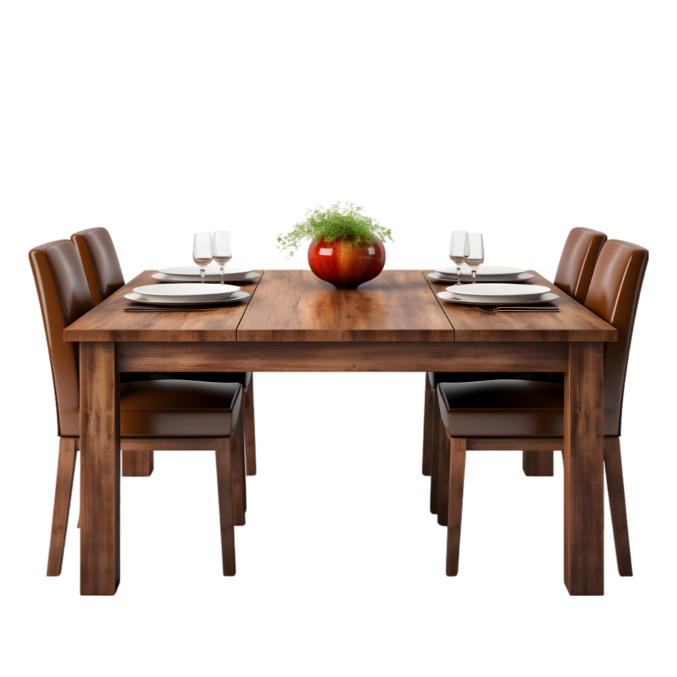 dining table with wooden chairs on transparent background png