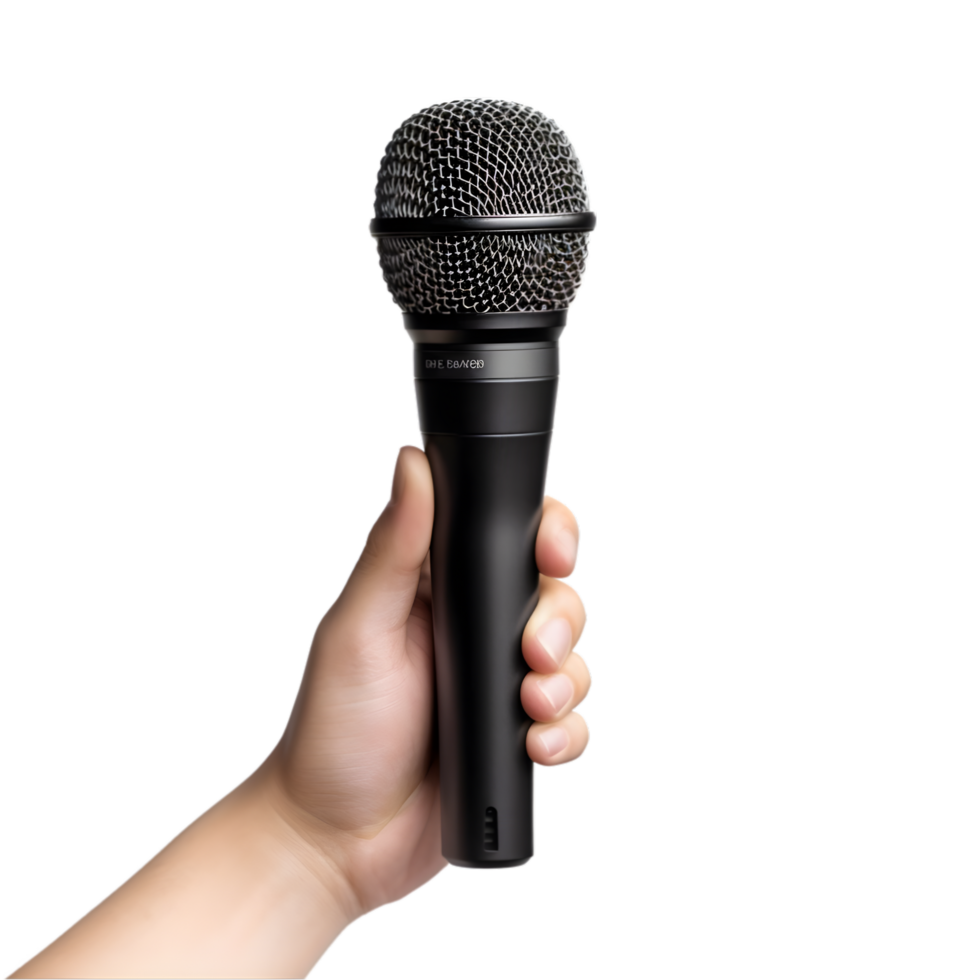 Hand holding a black microphone on transparent background png