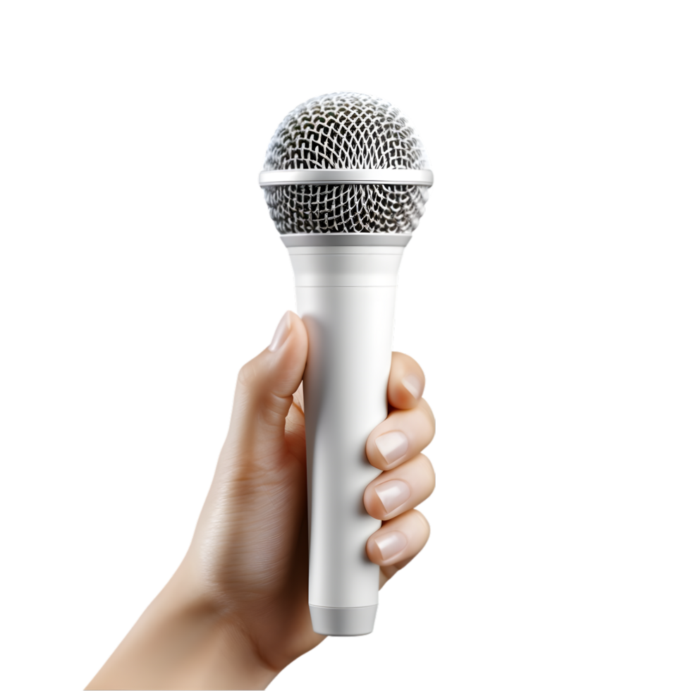 Hand holding a black microphone on transparent background png