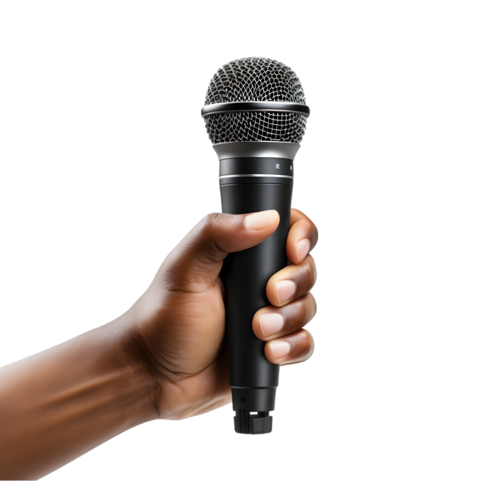 Hand holding a black microphone on transparent background png