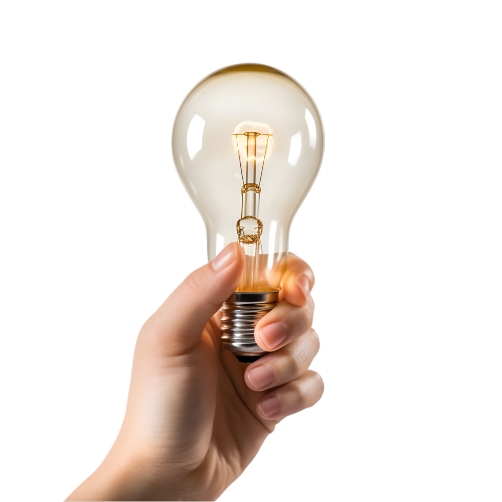 Close up of human hand holding light bulb on transparent background png