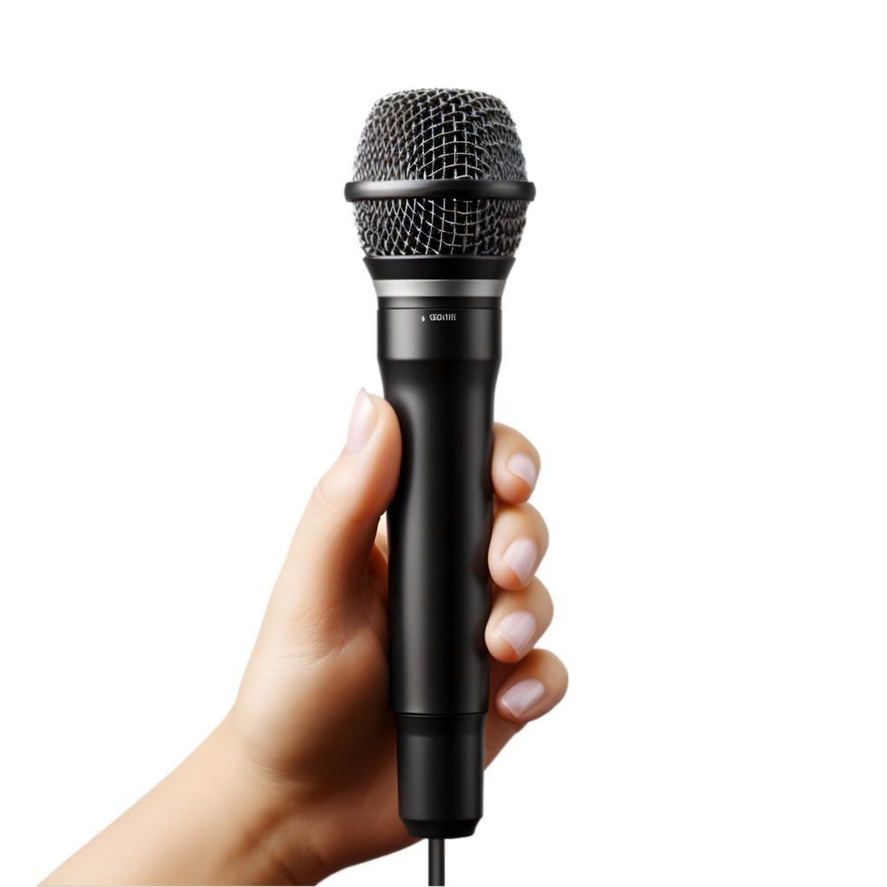 Hand holding a black microphone on transparent background png