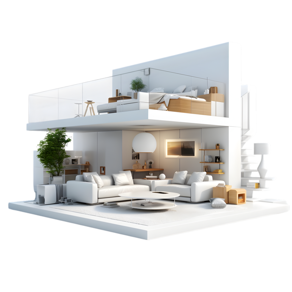 Modern living room with white walls, a coffee table and a sofa. on transparent background png