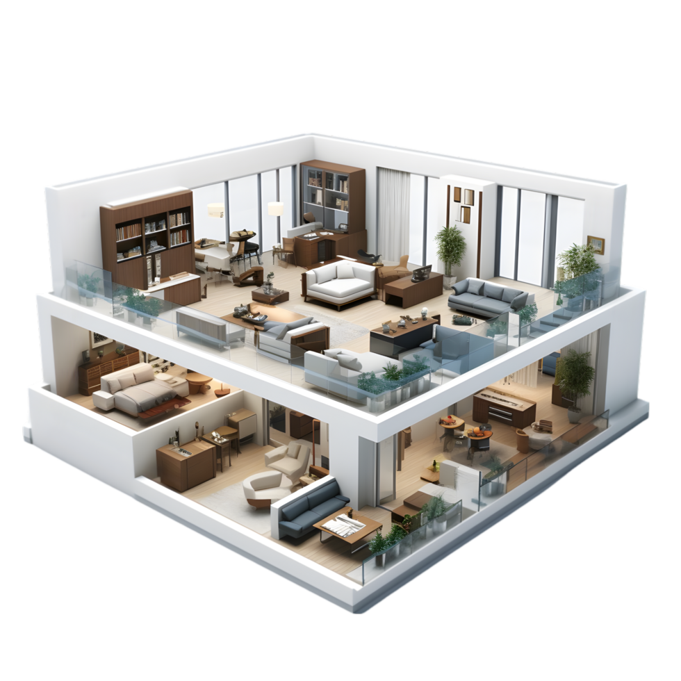 Modern living room with white walls, a coffee table and a sofa. on transparent background png