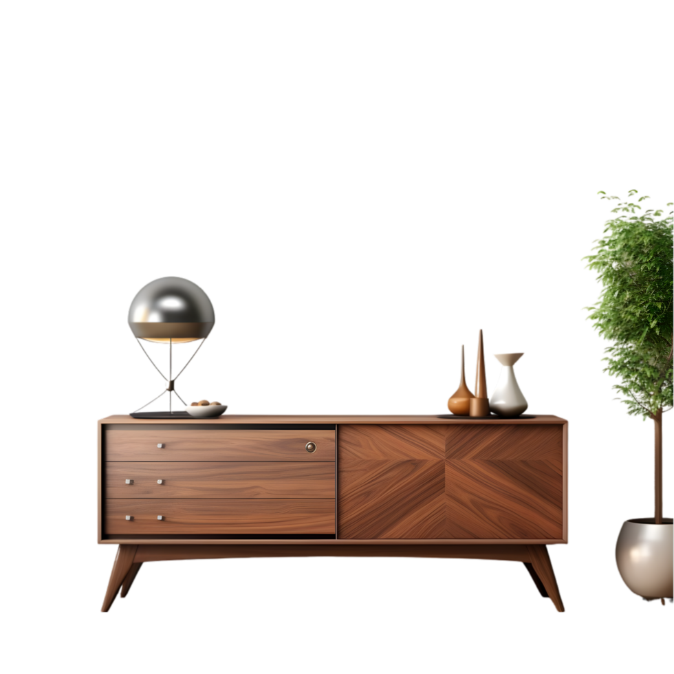 Interior of modern living room with a wooden chest of drawers on transparent background png