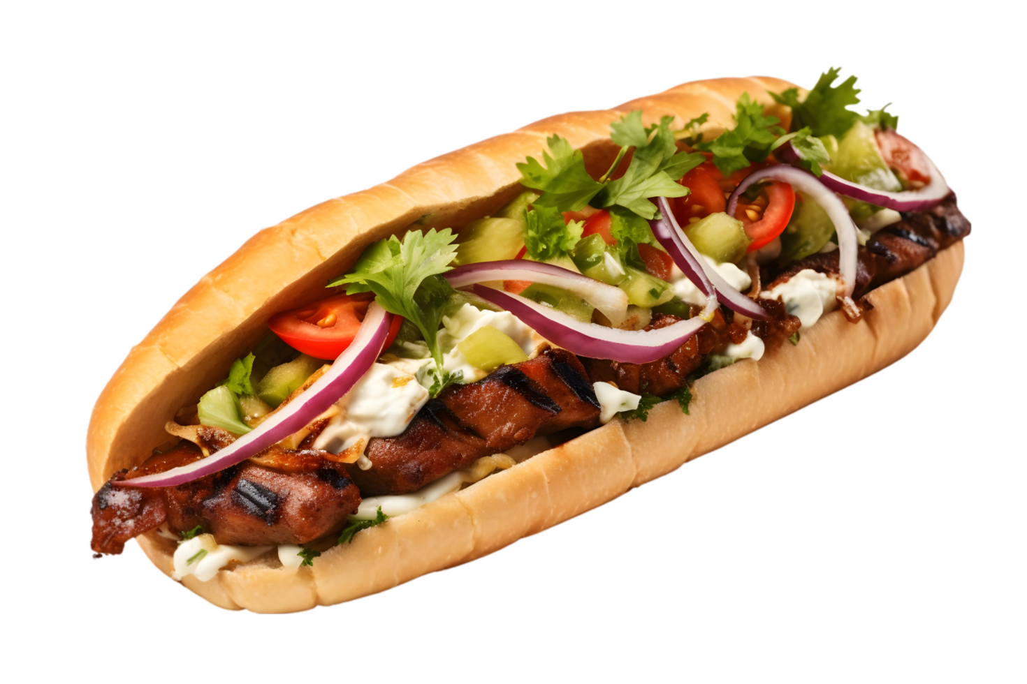 Hot dog with grilled meat and vegetables on transparent background png