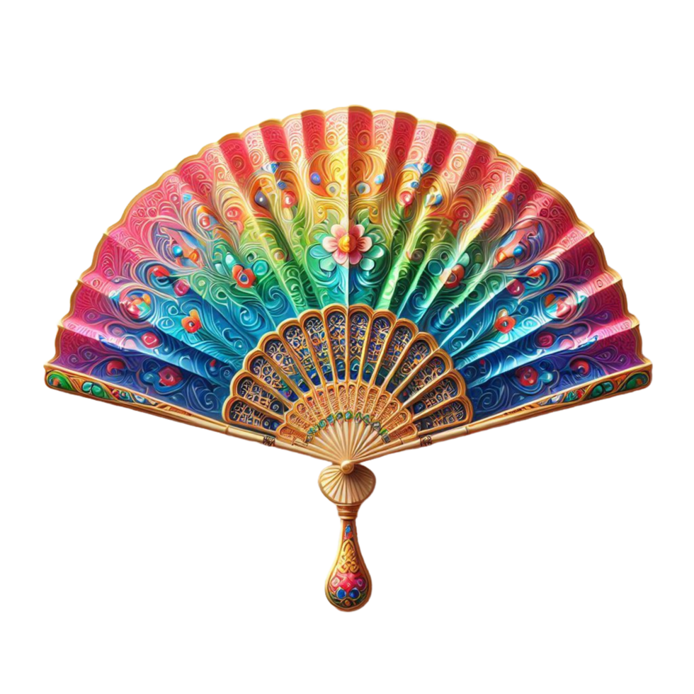 a colorful fan with a gold handle png