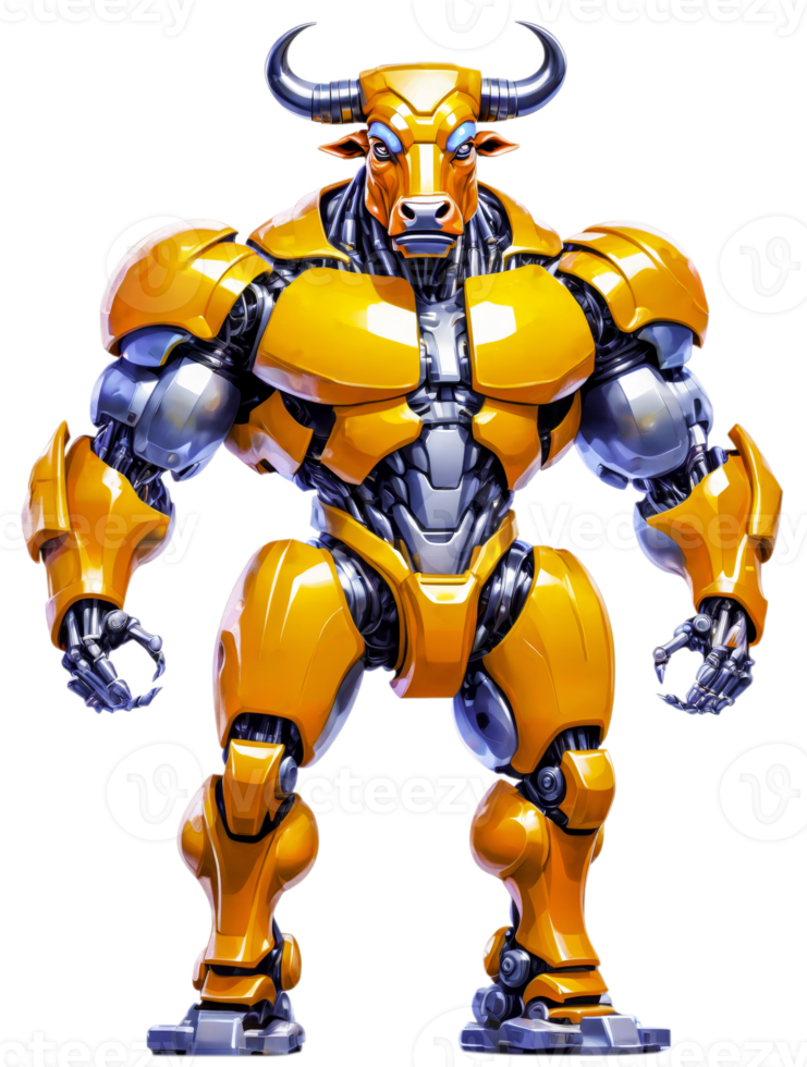 A futuristic, robotic bull with a powerful stance. png
