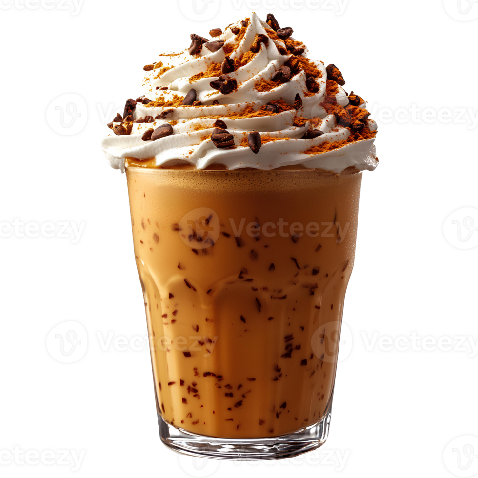 pompoen kruid latte . kop van warm pompoen kruid latte gedurende herfst vallen tijd. pompoen kruid latte met nootmuskaat, vanille en espresso koffie in kop . zoet vallen drank geïsoleerd png