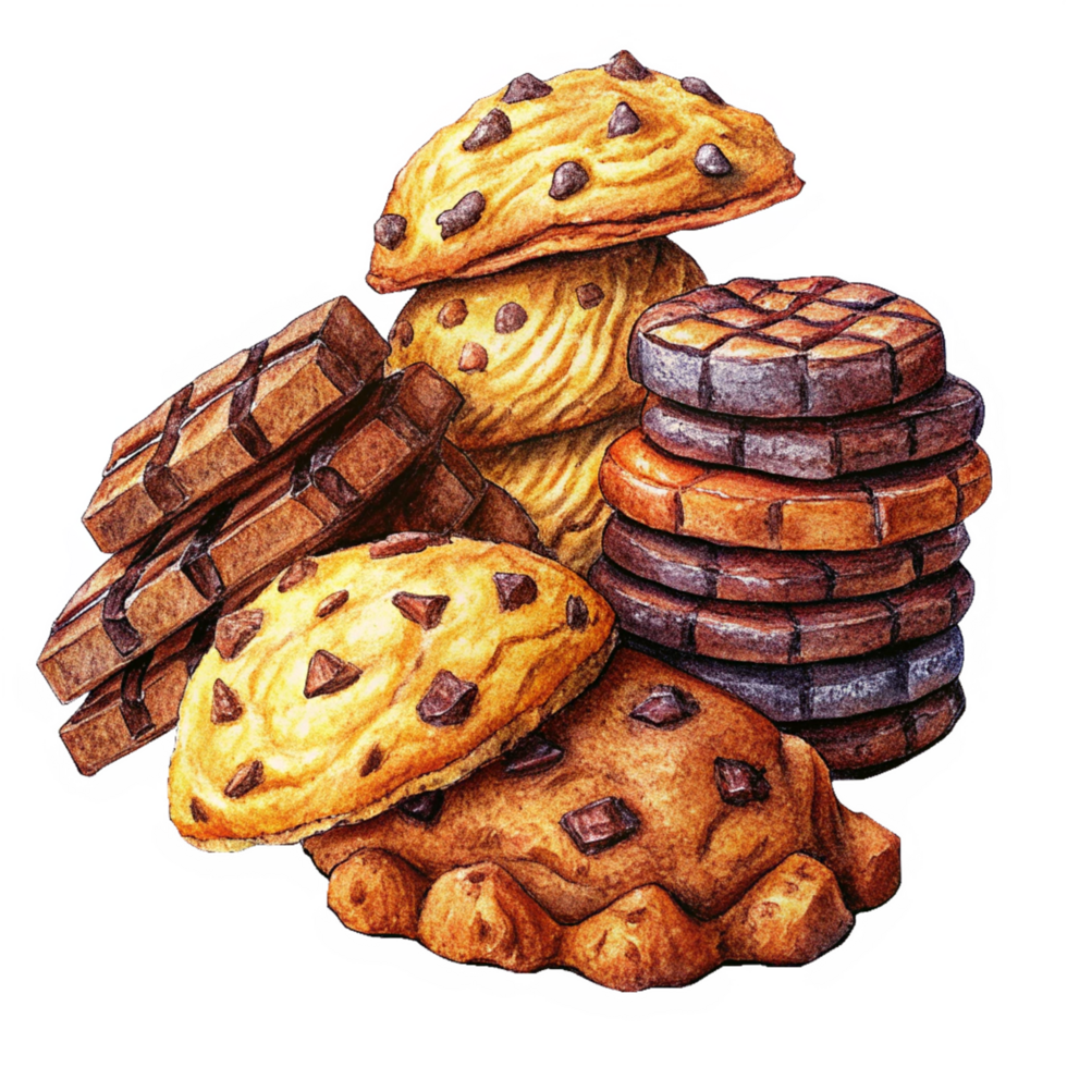 Heap of Cookies and Chocolate Hand Drawn Design png