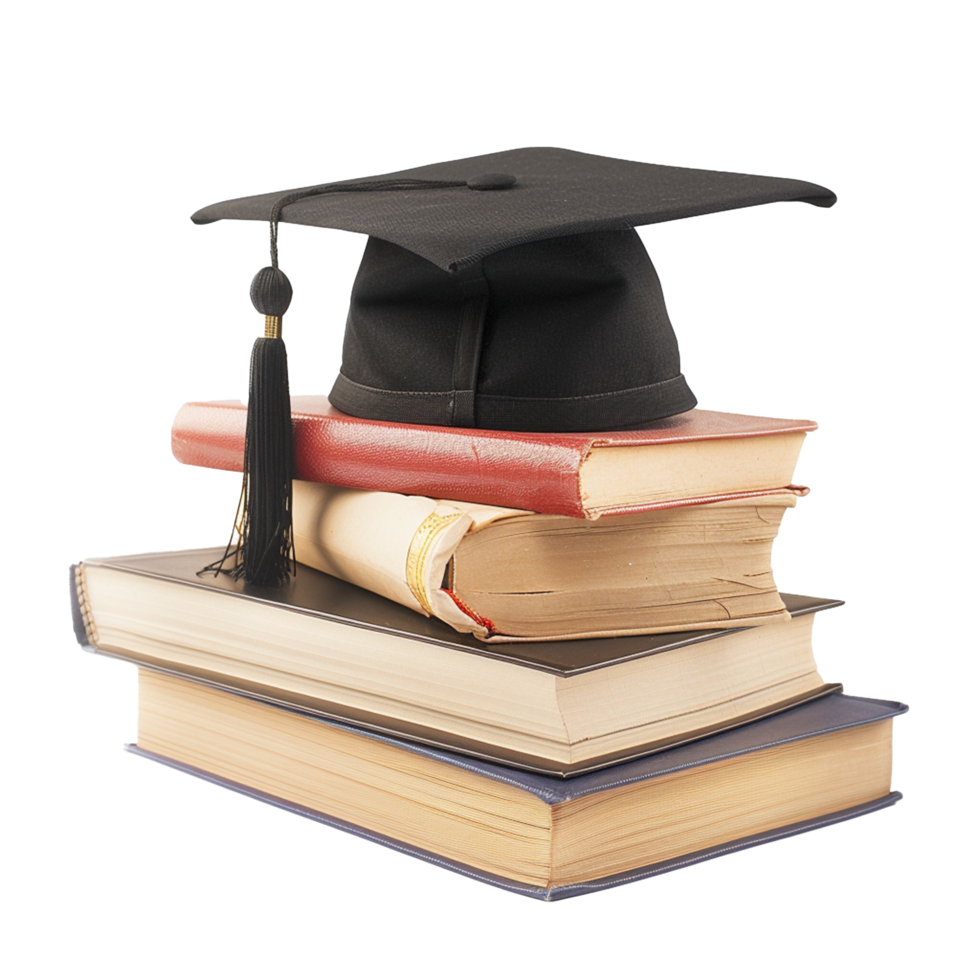 Graduate hat with books isolated on transparent background png