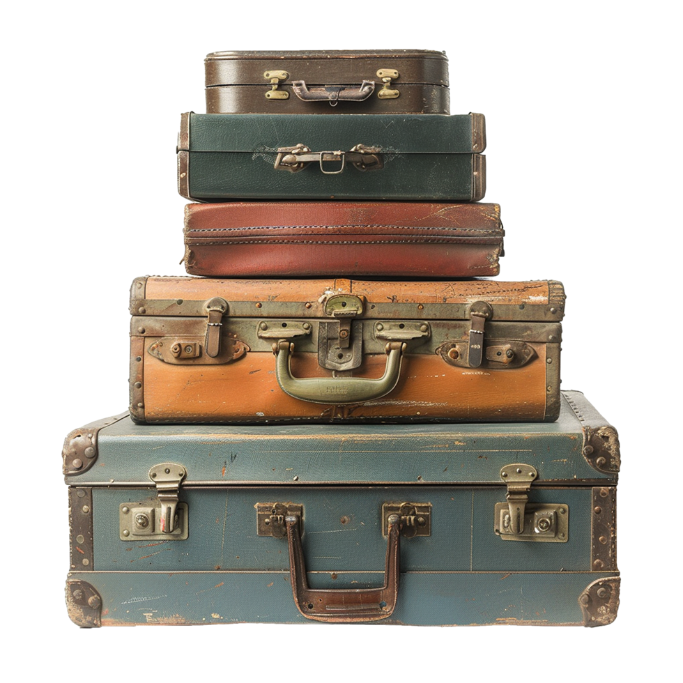 Stacked vintage suitcases isolated on transparent background png