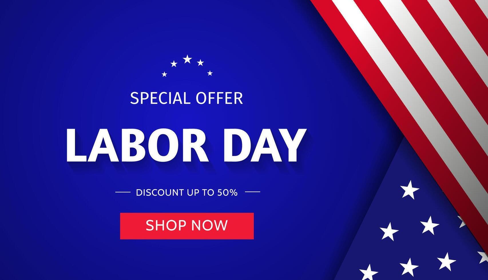 Labor Day Sale web banner design concept with american flag and stars on blue background. Special offer discount up to 50. Shop now vector