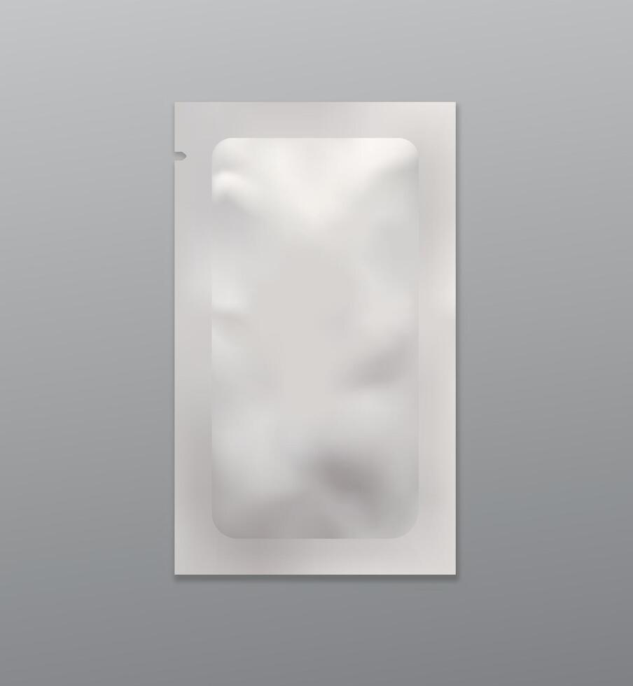 Blank sachet template with shadow on gray background. Packaging mock-up for skincare sample or food vector