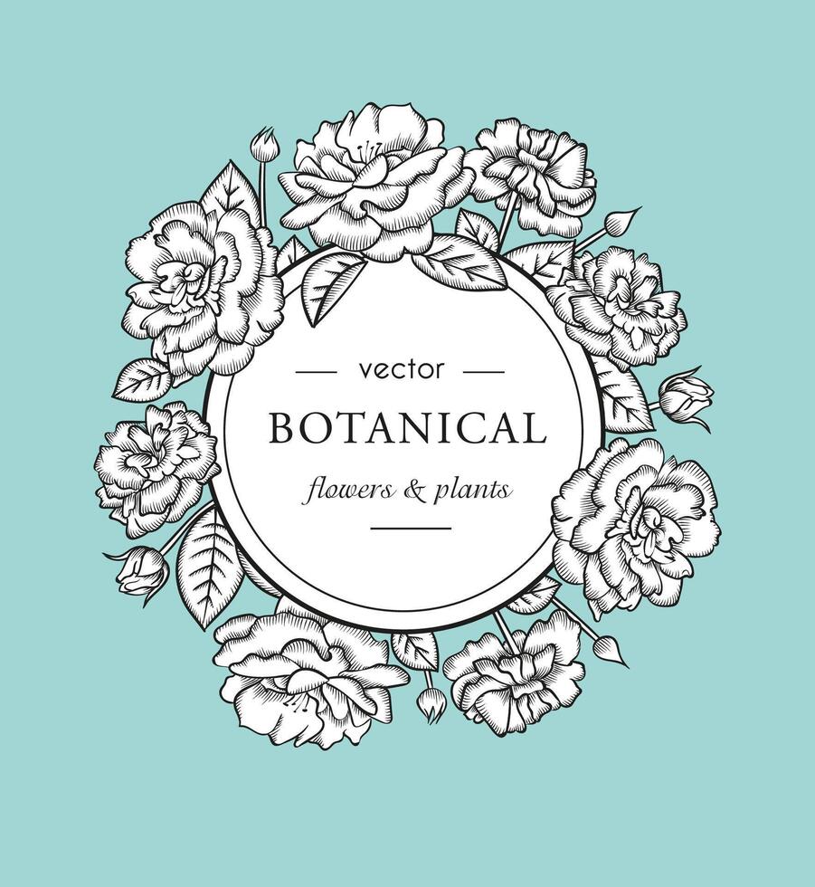 Vintage card with graphic black line flowers and text in white circle. Roses wreath illustration vector
