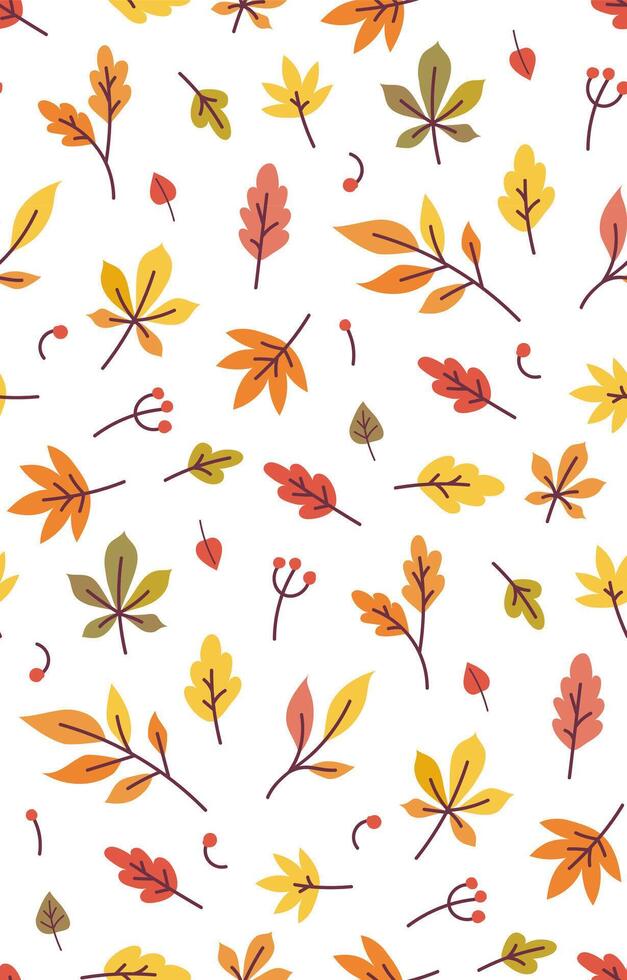 Autumn leaves pattern. Cute colorful fall illustration. Flat autumnal design with leaves and berries vector
