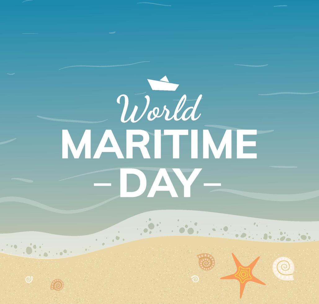 World Maritime Day card or web banner design. Seashells and starfish on the seashore near water vector