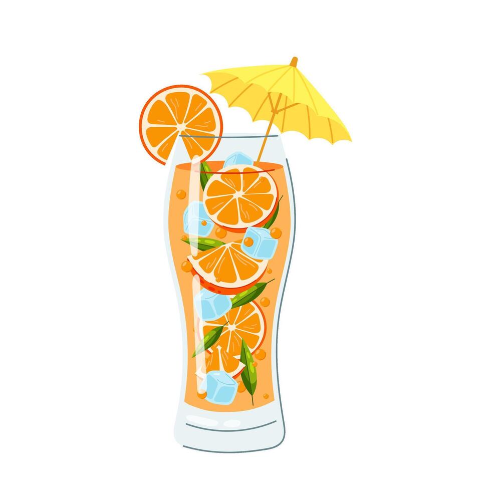 Orange lemonade. Cold summer drink. Lemonade with ice in a glass glass with an umbrella and citrus slices. Summer. Orange cocktail in flat style. vector