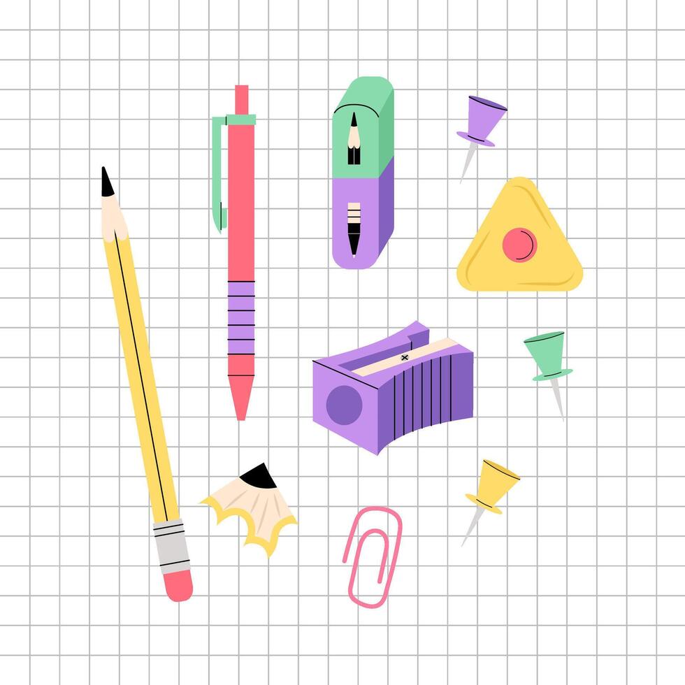 School stationery. Set of school items in flat style. Pencils, sharpener, eraser. Back to school. vector