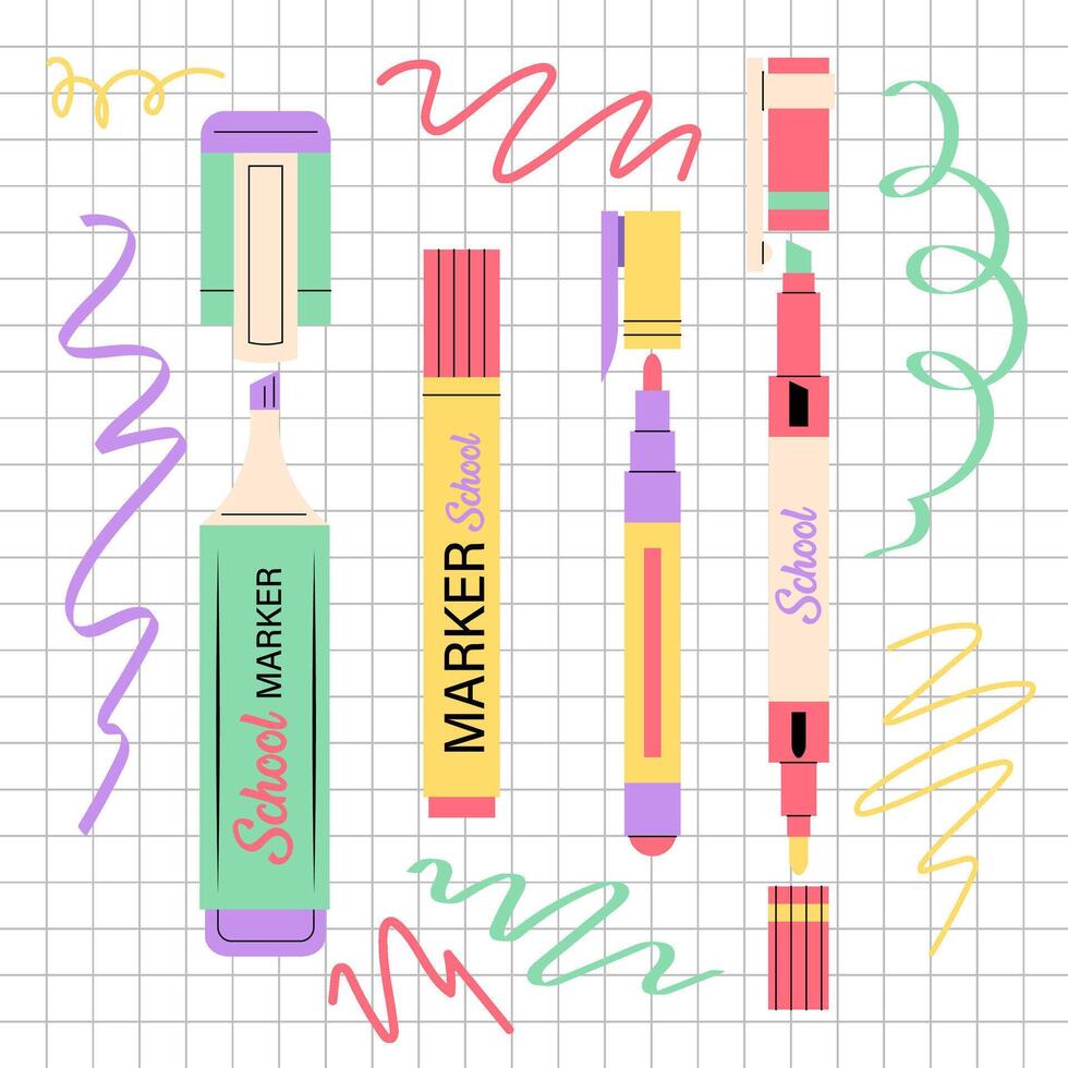 A set of marker and felt-tip pen illustrations. Coloured markers for drawing in flat style. School or office stationery. vector