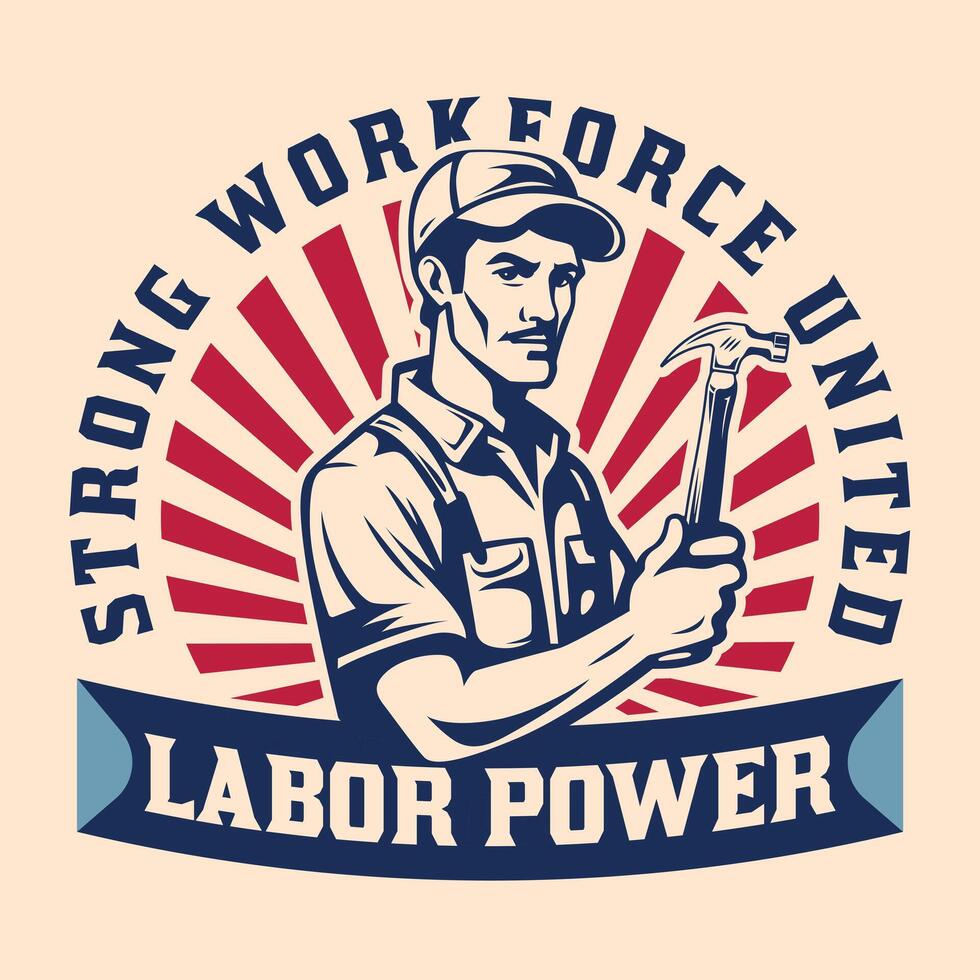 Labor Day Hardworking worker celebrating Labor Day vintage retro logo vector