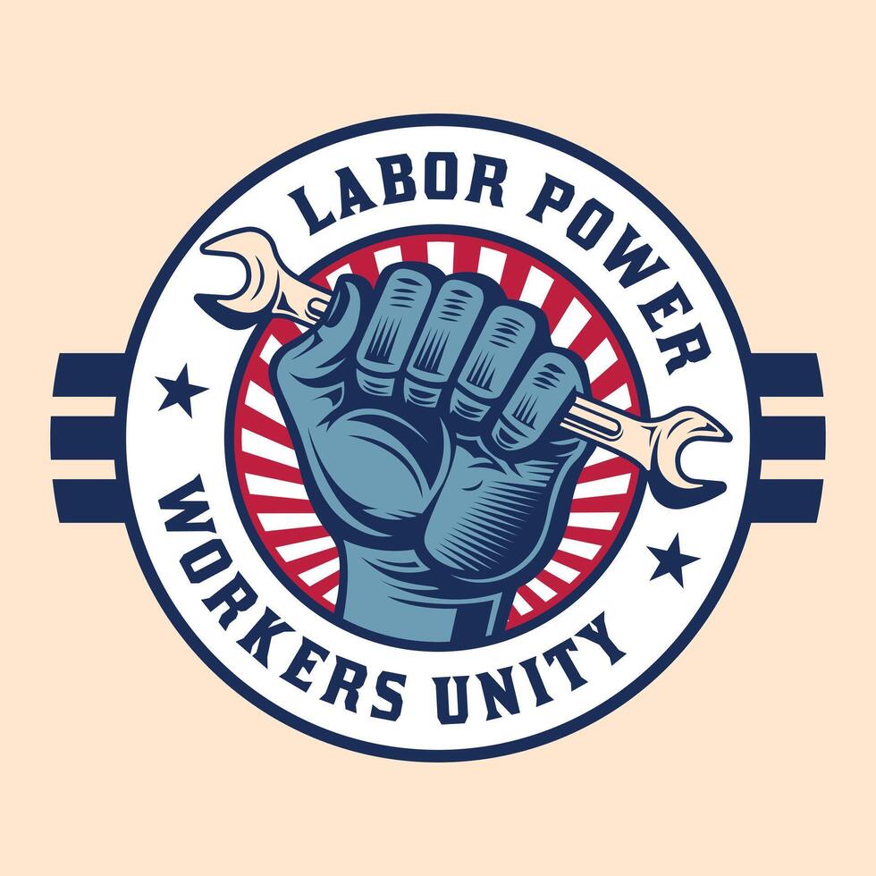 Labor hand holding a spanner labor tool vintage retro badge logo vector