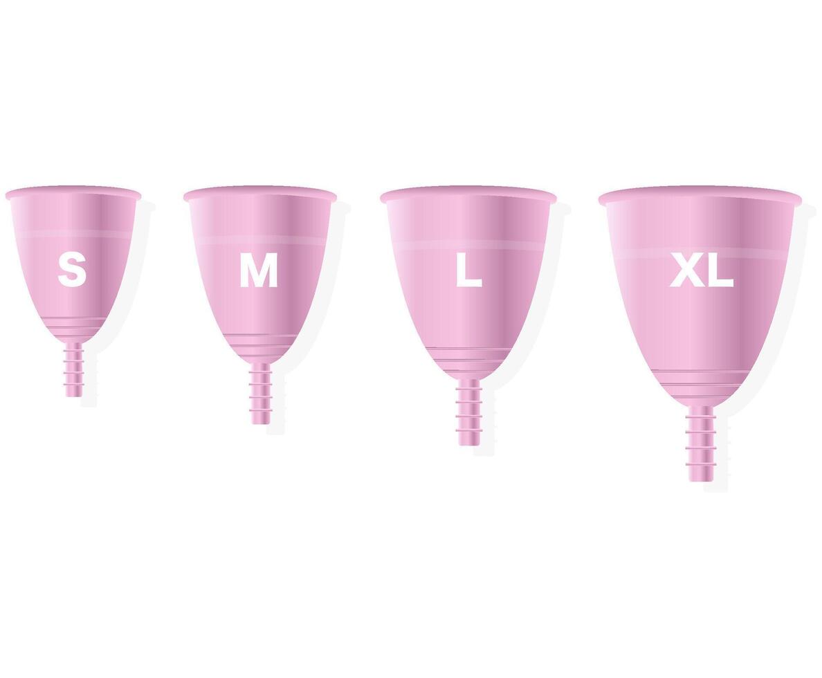 Women's menstrual cup set. Different cup sizes S, M, L, XL. illustration. vector