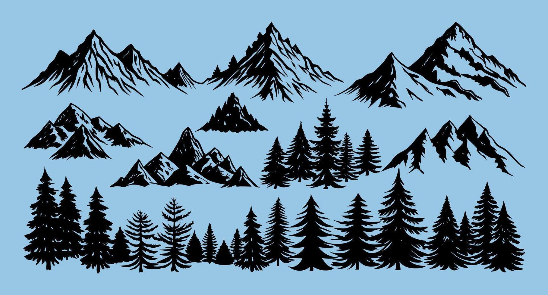 Hand Drawn Mountain With Pine Tree Silhouettes vector