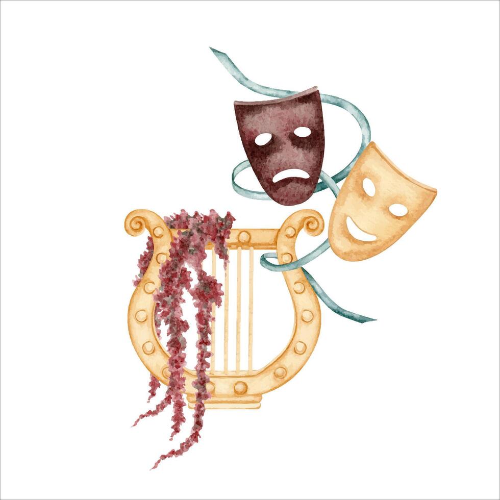 Ancient greek lyre with theatrical actors masks. Antique musical instrument. Watercolor illustration isolated from the background. For theatre and play posters, ticket designs, cards, musician gifts vector